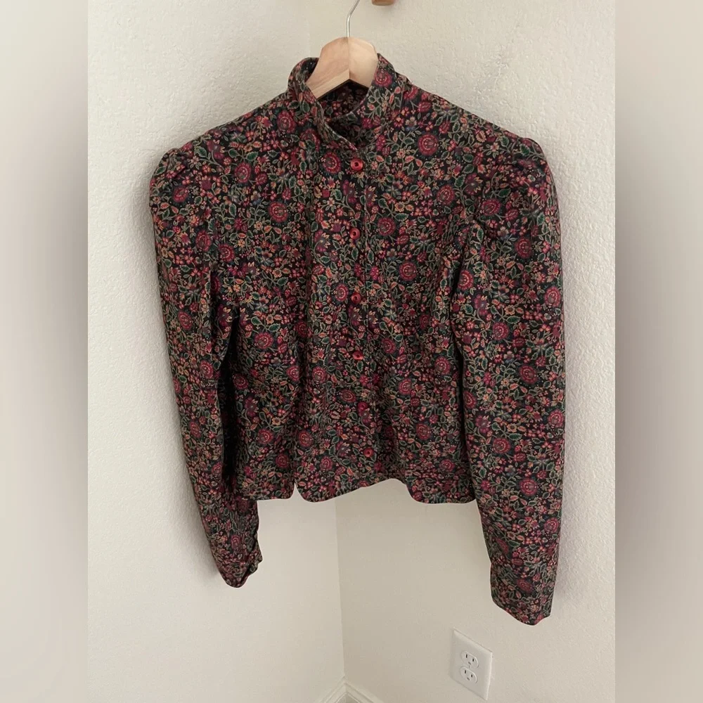 Vintage handmade brown red floral 2 piece set midi skirt and puff sleeve jacket